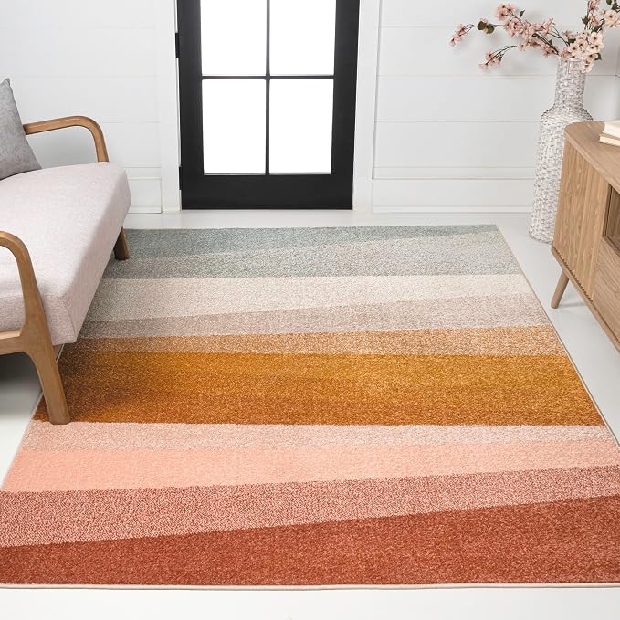 JONATHAN Y Prism Geometric Striped Indoor Area Rug 4x6, Red/Yellow/Gray, Modern, Coastal, Easy-Cleaning for Living Room, Bedroom, Kitchen, Pet Friendly, Non-Shedding (DZC101B-4)