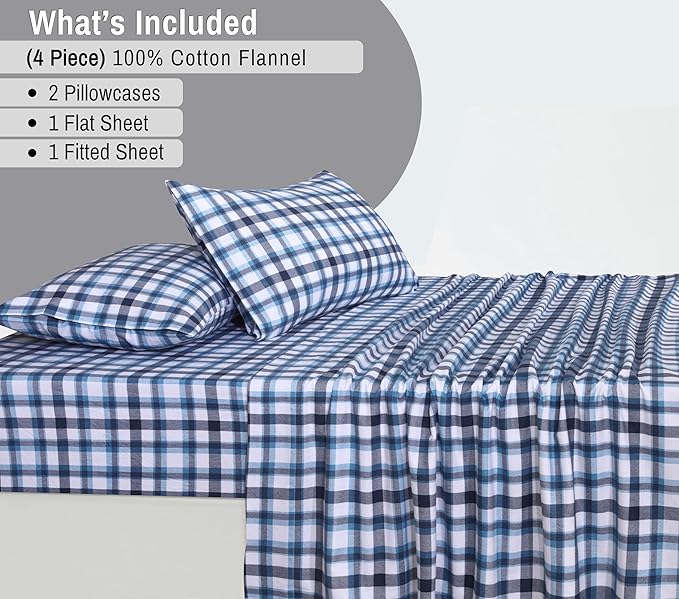 RUVANTI Flannel Sheets California King Size - 100% Cotton Brushed Cal King Bed Sheets Set - Deep Pockets 14 Inches - All Seasons Breathable & Extra Soft - Warm & Cozy, 4 Piece, Gingham Addition