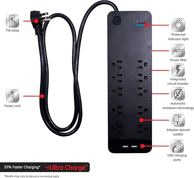 GE 37746 Ultra Pro Surge Protector 10 Outlets 4' Cord, Black