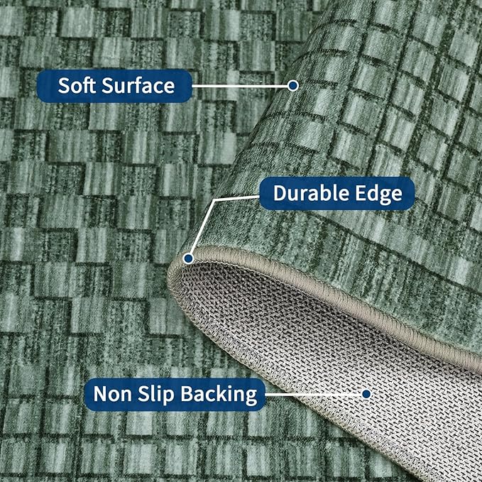 Washable Rug 5x7 Area Rug for Living Room Bedroom Rug Modern Contemporary Large Area Rug Non Slip Throw Rugs Soft Faux Wool Low Pile Stain Resistant Carpet for Dining Room 5'x7' Green