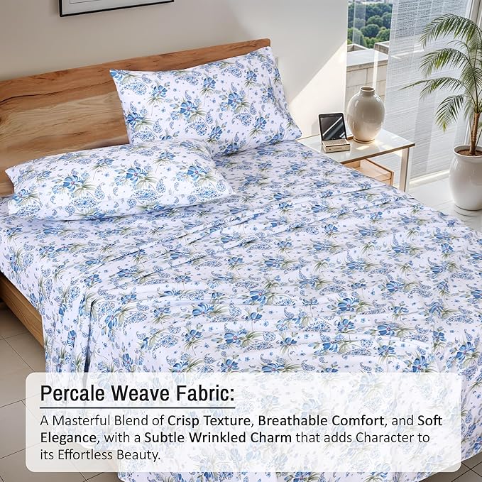 RUVANTI 100% Cotton Twin Sheets Set, 3 Pieces, Soft & Breathable Percale Weave Bedding, Deep Pocket 16", Hotel Standard, Crisp Cool Feel, Durable, Perfect Floral Bed Sheet, Paislyona