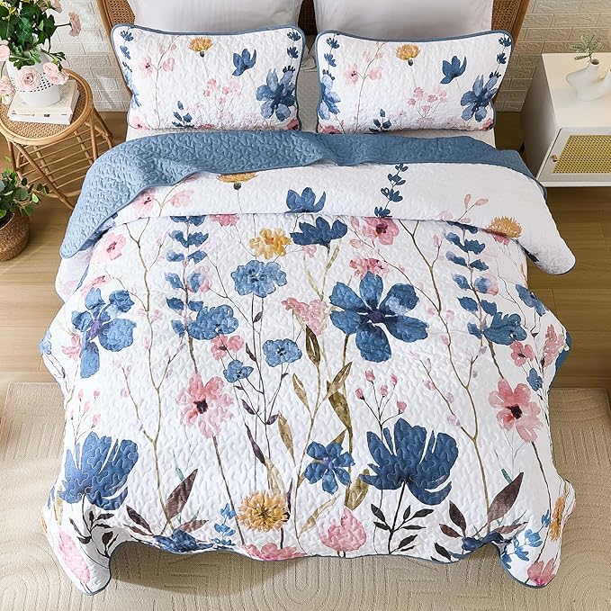 Anibedding Dark Blue Quilt Set Full Size, Floral Bedspread Soft Microfiber Lightweight Quilt Bedding Sets Flower Coverlet for All Season(Full,78"x90")