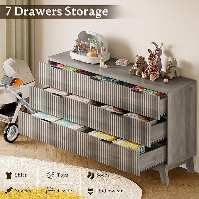 BORNOON 57" Long Dresser for Bedroom, 7-Drawer Fluted Chest, Wide Wood Storage Dresser with Metal Slides and Handles, Stable Base, Modern Clothes Organizer for Primary Suite, Guest Room, Nursery