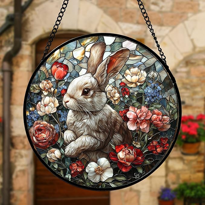 Stained Glass Window Hanging - Cute Rabbit Flowers Suncatcher Ready to Hang Window Doors Home Decoration, Christmas, Mother's Day Birthday Gifts for Women, Men, and Mom 6.3x6.3 in