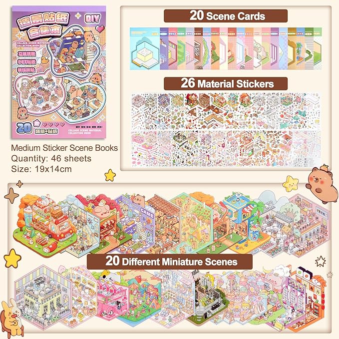 ASTARON 20 Sets DIY 3D Sticker Scene Book Sticker Therapy for Adults, Make Your Own Mini Cozy Shop House Room Stickers Cute Cartoon Miniature Stickers Relief Stress Pass The Time