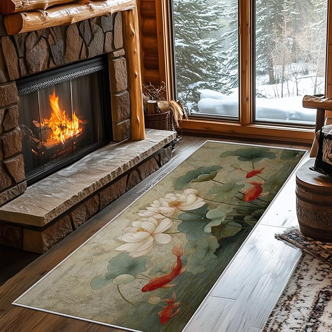 Lotus Flower Runner Rug 3x12, Koi Fish Design, Asian Art Area Rug, Washable Carpet Runner for Bedroom, Standard Hallways, Kitchen Walkway, Dining Room Sideboard
