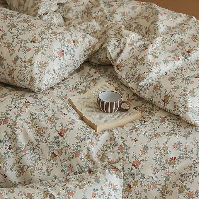 EAVD Vintage Style Botanical Floral Duvet Cover Full Soft Cotton Chic Floral Tree Branches Pattern Bedding Set with 2 Pillowcases Fresh Botanical Duuvet Covet with Zipper Closure