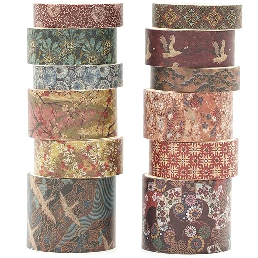 Songdao 12 Rolls Kyoto Charm Washi Tape Set Japanese Arts Adhesive Tapes Geometric Garden Decorative Masking Tape Sets for Craft, Kids, Scrapbook, DIY, Gift Wrapping (Crimson Fields)