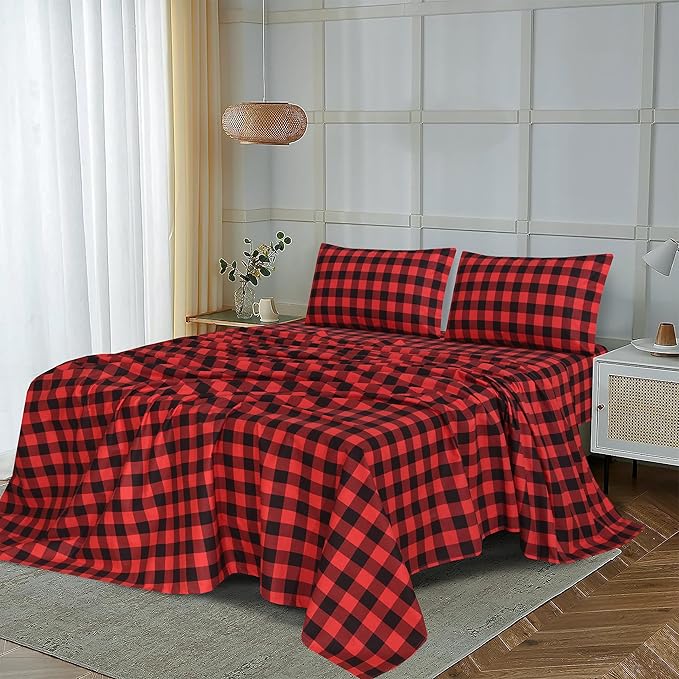 RUVANTI Flannel Sheets Full Size - 100% Cotton Double Brushed Bed Sheets Set, Deep Pockets 16 Inches, All Seasons Breathable & Extra Soft Full Sheets, Warm & Cozy, 4 Piece, Red & Black Plaid