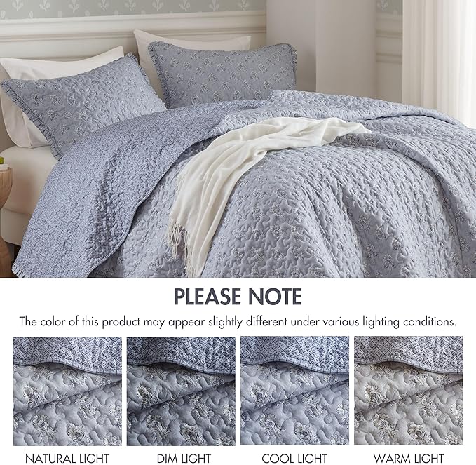 Madison Park Vintage Floral Quilt Set King Size, Reversible Bedding & Lightweight Bedspread Set, Traditional Block Print Coverlets with Ruffled Edge, 3-Piece with 2 Shams, Blue