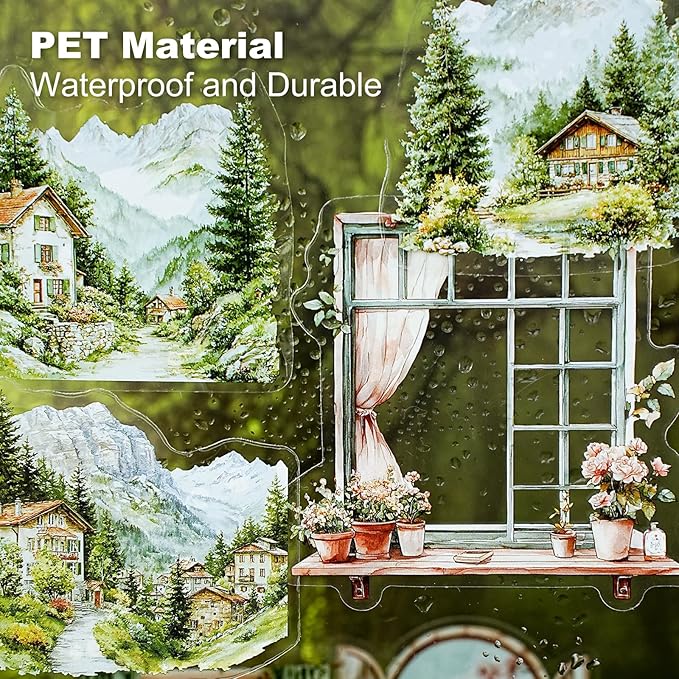 AuriicLeaf Weather Window PET Stickers, 90PCS Large Window Scenery Designs - Cozy Seasonal Views for Scrapbook Journals Planners DIY Decor