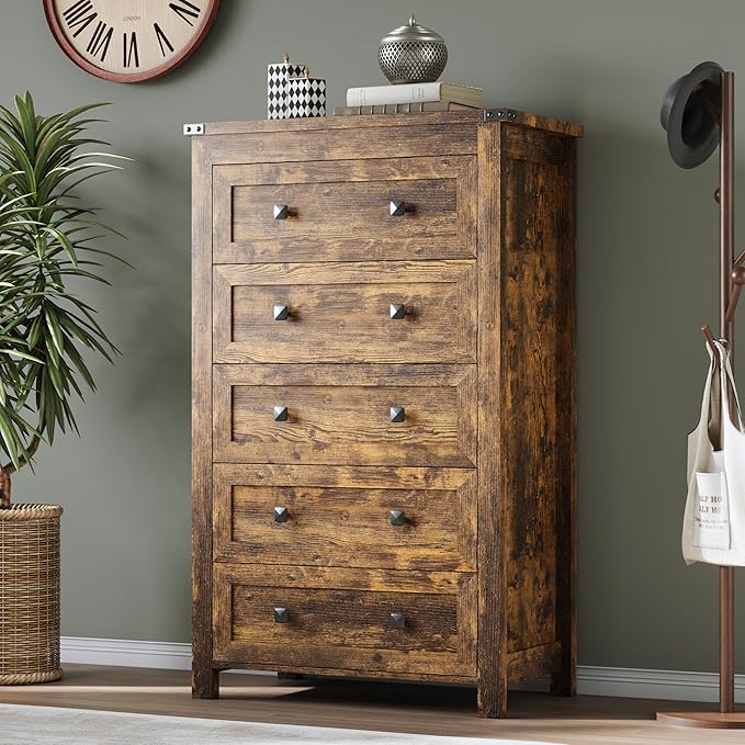 BORNOON Tall 5-Drawer Dresser, Modern Wooden Storage Chest of Drawers, Dresser TV Stand, Wood Drawer Organizer with Metal Handles for Bedroom, Living Room, Hallway