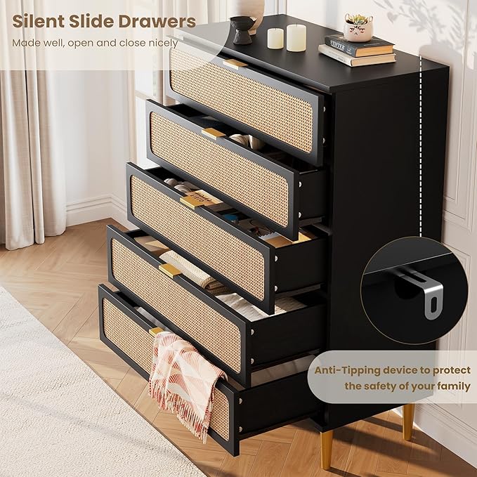 Garvee Rattan Dresser with 5 Drawers, Tall Modern Closet with Deep Storage, Large Chest of Drawers with Wide Top, Long Wooden Dresser for Bedroom, Living Room, Hallway, Kids Room, Black