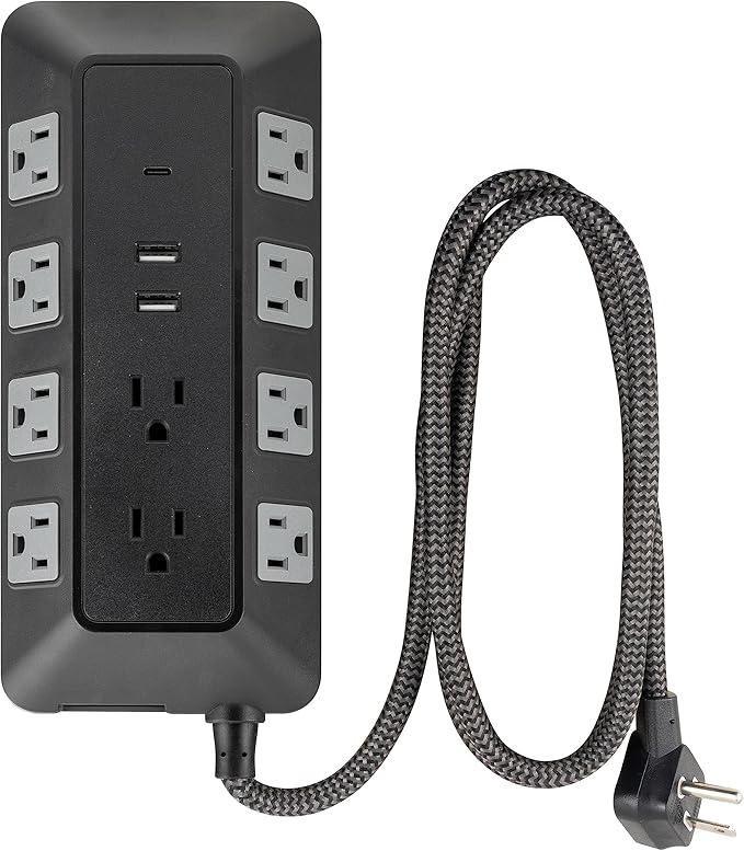 GE UltraPro 10 Grounded Outlet Surge Protector with USB Ports, 1 USB-C Port (15W), 2 USB-A Ports (12W), 4ft Braided Cord Surge Protector Power Strip, 3540 Joules, Black, 74763