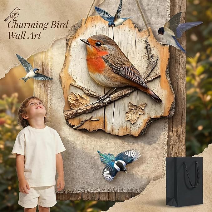 Cumuul Handmade Boxwood Bird Wall Hanging - Vintage 2D Bird Wooden Signage, Rustic Farmhouse Robin Bird Wall Decor, Wood Texture, Indoor Outdoor Garden Decoration (#1)