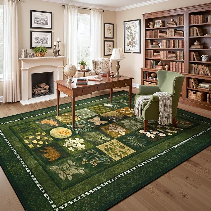 Tepook 5x7 Area Rugs for Living Room, Modern Large Geometric Rug for Bedroom, Washable Patchwork Rug Indoor Non Slip Throw Carpets for Dining Room Office Farmhouse Home Decor, Dark Green