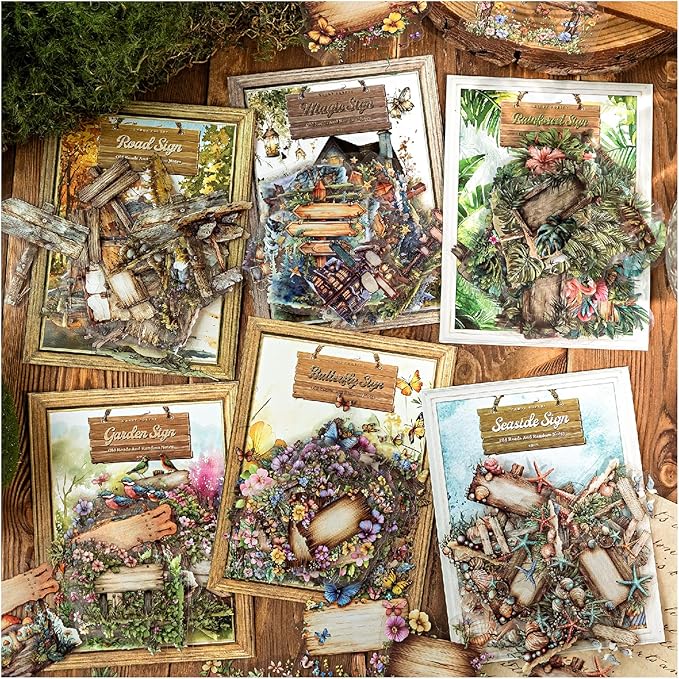 240 Sheets Retro Wood Road Sign Stickers for Journaling, 6 Pack Assorted Designs Decorative Transparent PET Stickers for Scrapbooking, Junk Journals, Collage, DIY Crafts Arts