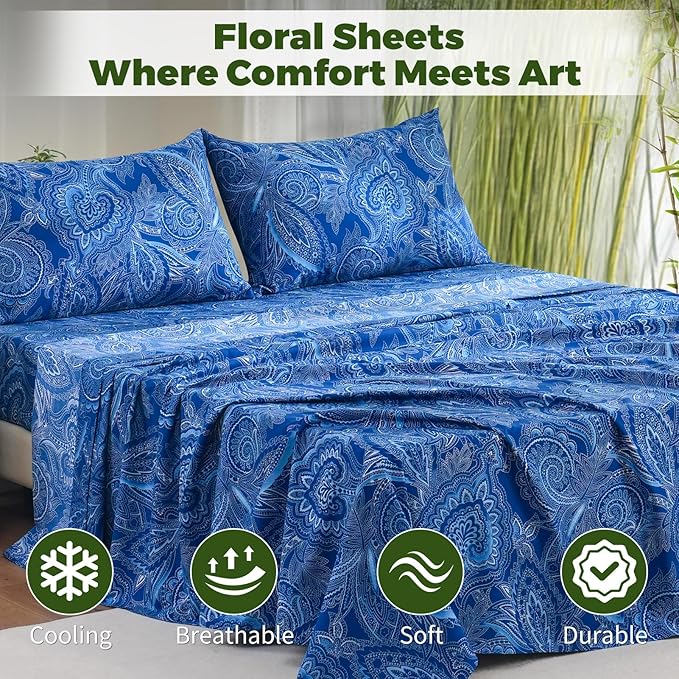 Bedlifes Full Floral 4-Piece Sheet Set - Cooling Sheets Blend Rayon Derived from Bamboo,Soft & Breathable, Deep Pocket 16", Wrinkle Resistant - Paisley Dark Navy Blue