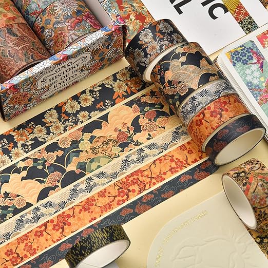 Songdao 12 Rolls Kyoto Charm Washi Tape Set Japanese Arts Adhesive Tapes Geometric Garden Decorative Masking Tape Sets for Craft, Kids, Scrapbook, DIY, Gift Wrapping (Azure Tranquility)