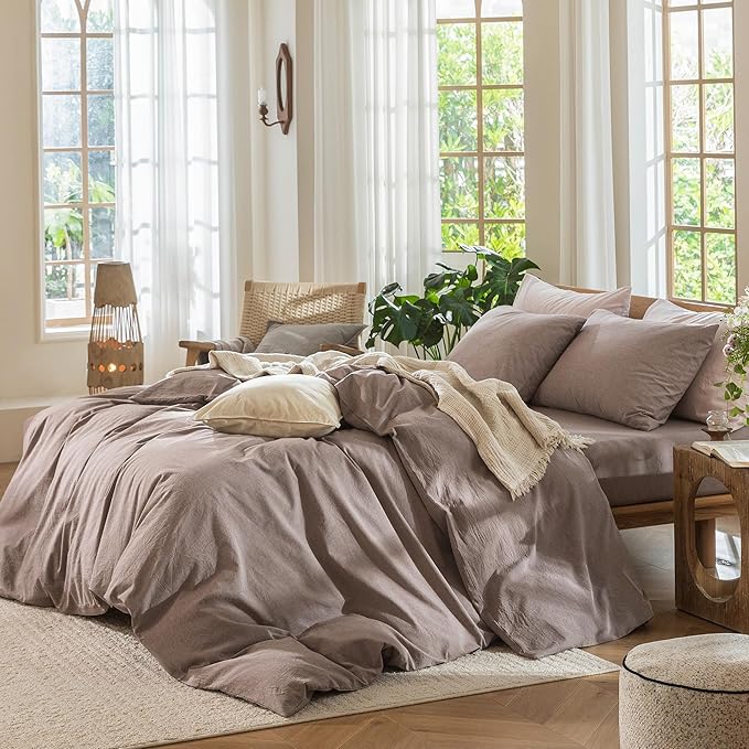 MooMee Bedding Duvet Cover Set 100% Washed Cotton Linen Like Textured Breathable Durable Soft Comfy (Heathered Mauve Brown, Twin 68"x90")
