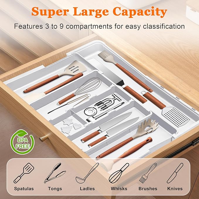 Large Utensil Drawer Organizer Expandable Silverware Organizer for Kitchen Drawer Adjustable Cooking Utensil Holder Cutlery Flatware Tray Spatula Tools Gadgets Storage Dividers Plastic White