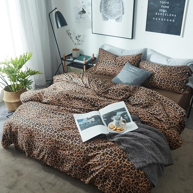 Leopard Print Comforter Set Twin XL Animal Cheetah Printed Comforter Fluffy Soft Leopard Pattern Comforter with 2 Pillowcases Brown/Black Floral Print Bedding Set All Season Boho Twin XL Comforter Set