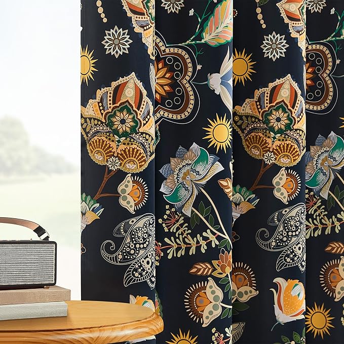 Elegant Luxury Black Out Curtains 96 Inch Long 2 Panel Set for Living Room 100% Blackout Navy Blue Floral Vintage Mid Century Print Patterned 8FT Length Foor to Ceiling Curtains Grommet Drapes 52x96
