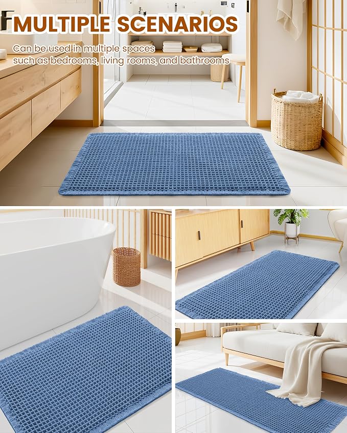 Smiry Waffle Bath Mat 72x24, Extra Soft Absorbent Bathroom Rugs, Non Slip Machine Washable Quick Dry Bath Rugs for Bathroom Floor, Tub, Shower, Home Decor Accessories, Blue