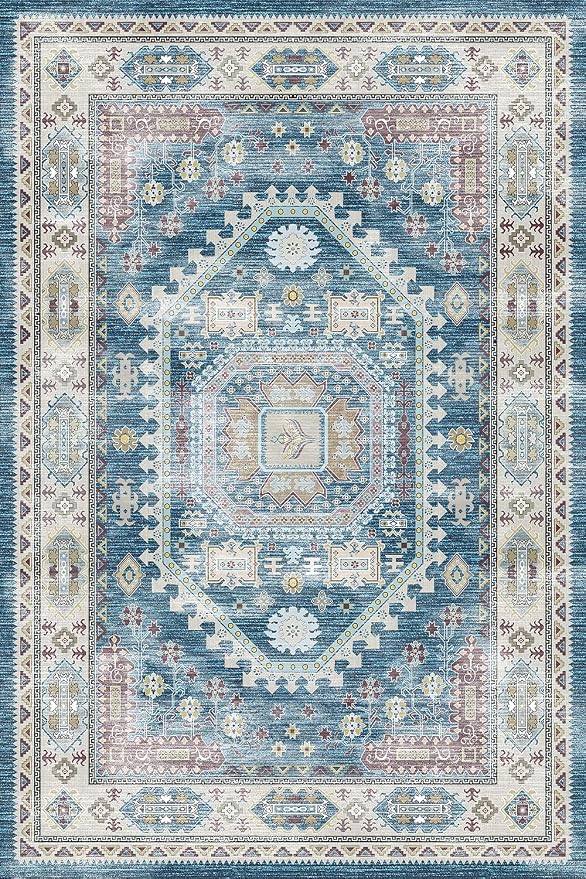 vivorug 3x5 Rug, Small Area Rug for Living Room, Bedroom, Kitchen, Machine Washable Non-Slip Throw Rug, Vintage Distressed Medallion Carpet for Entryway Nursery Dinner Room - Durable (Blue)