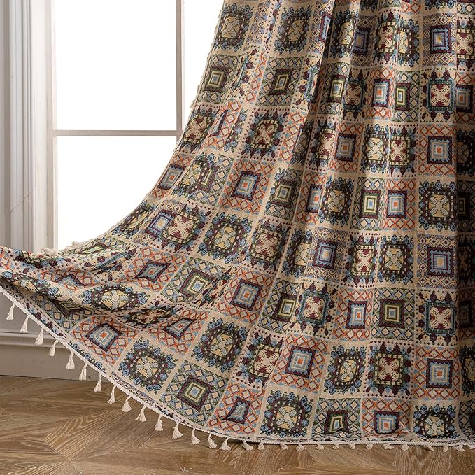 ENJOYBRIDAL Patchwork Curtains 84 Inches Long 2 Panels Semi Sheer Bedroom Drapes Rod Pocket Farmhouse Jacquard Bohemian Window Curtain Panels Light Filtering Beige Boho Living Room Window Treatments
