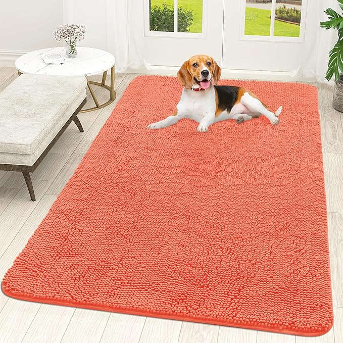 OLANLY Dog Door Mat for Muddy Paws 59x35, Absorbs Moisture and Dirt, Absorbent Non-Slip Washable Doormat, Quick Dry Chenille Mud Mat for Dogs, Entry Indoor Entryway Carpet for Inside Floor, Coral