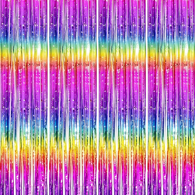 Thicken Rainbow Streamers 4 Pack 3.2 x 8.2 FT, Rainbow Birthday Decrorations Tinsel Backdrop Curtains, Foil Fringe Photo Backdrop for Birthday Decorations, 80s 90s Party Decorations