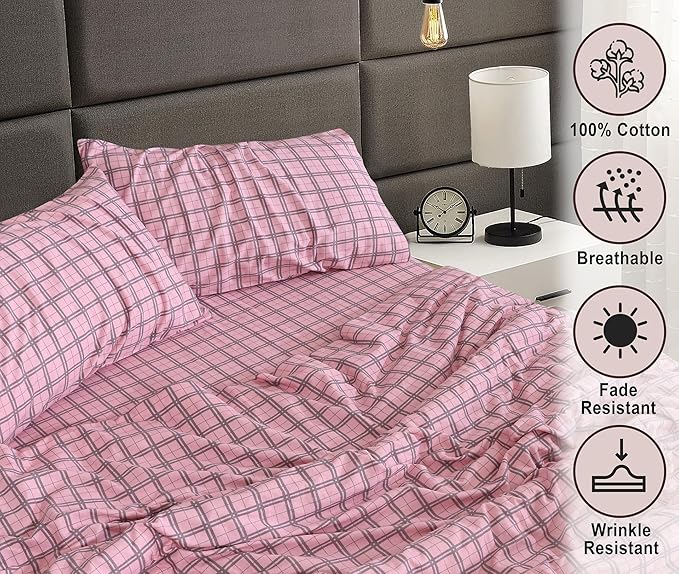RUVANTI Flannel Sheets King Size - 100% Cotton Brushed King Size Sheets Set - Deep Pockets 16 Inches Bed Sheets - All Seasons Breathable & Extra Soft - Warm & Cozy, 4 Piece, Check & Bolt Pink