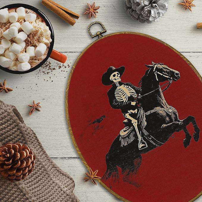 CUANFDDSF Vintage Western Skeleton Cowboy Oval Wall Art Decor, Rustic Western Wall Hanging Decor, Gothic Skeleton Cowboy Rodeo Framed Canvas Prints for Home Bedroom Living Room, 8.6x11.4 Inch