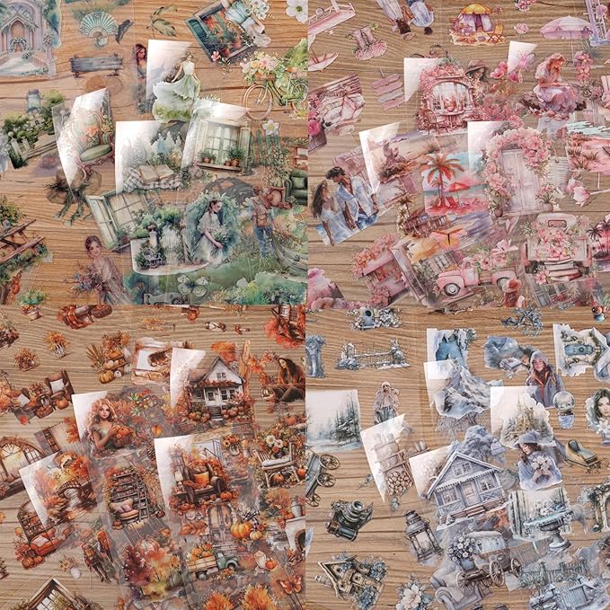 Auguro 4 Books for Seasons Stickers for Scrapbooking 480 Pre-Cut Pet Transparent Stickers for journaling Spring Summer Fall and Winter Sticker