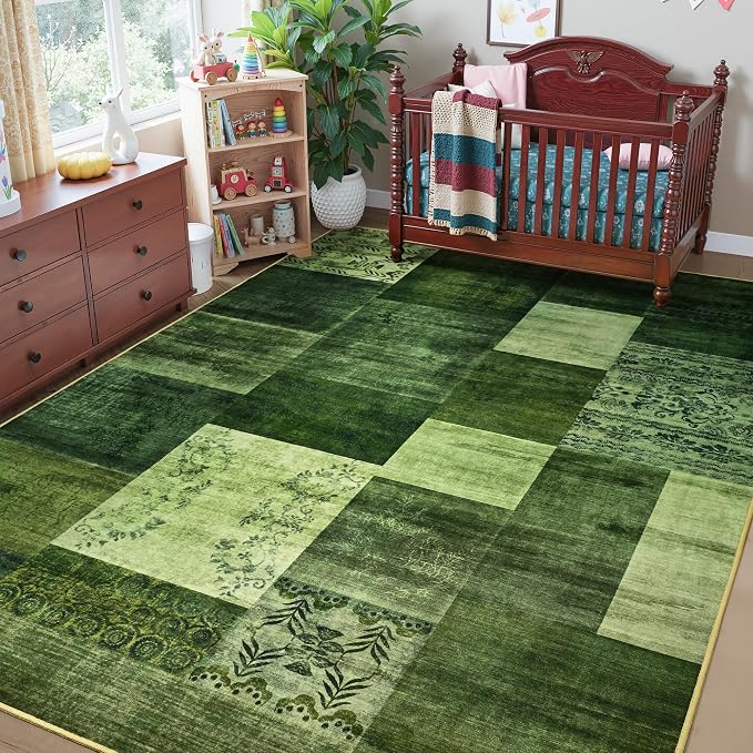 Tepook 4x6 Green Area Rugs for Living Room, Modern Large Geometric Rug for Bedroom, Washable Patchwork Rug Indoor Non Slip Throw Carpets for Dining Room Office Farmhouse Home Decor