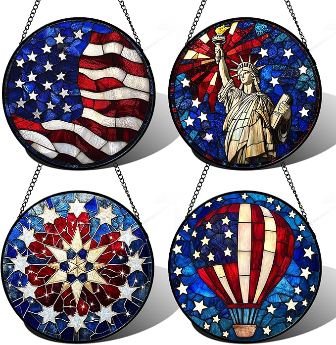 Stained Glass Window Hanging 4 Pcs Set Red Blue Flag Freedom Theme Large 11.8" - Suncatcher Door Garden Sun Catcher Decor Birthday Christmas for Mom Woman Nana Men Friend