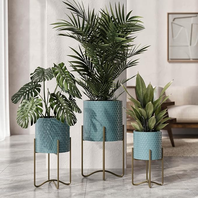 EverNest Mid-Century Modern Rhys Honeycomb Embossed Planter Pot with Ambrose Stand, Metal Indoor Plant Pots, Blue Green Bohemian Style (Small 1 Gallon)