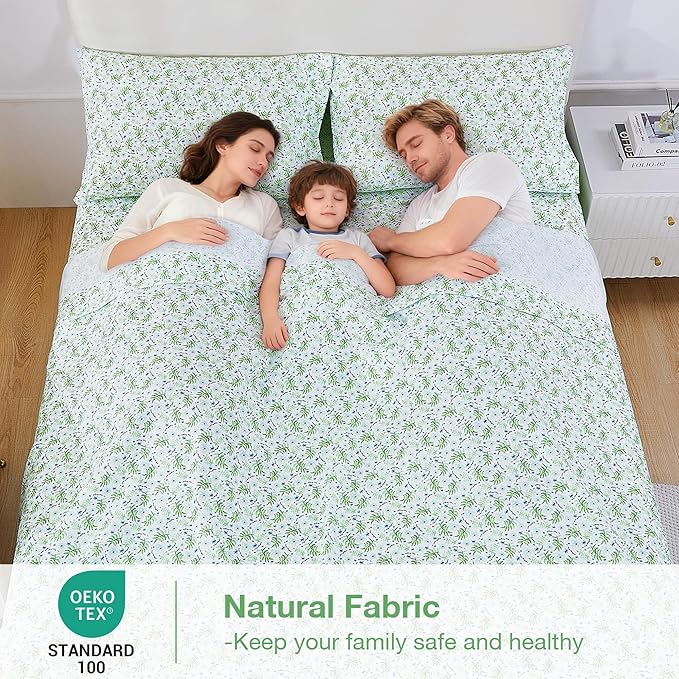 Softan Green Floral Twin Sheet Set, 3-Piece Cozy Botanical Microfiber Printed Fitted Bed Sheet with 15" Deep Pockets & Non-Slip Straps, Fresh Greenery Blooms Patterned Sheets & Pillowcase Set