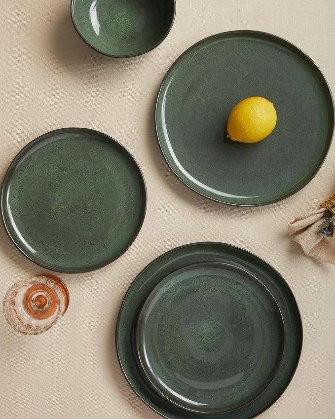 Pokini Ceramic Plates and Bowls Set, Everyday Dinnerware Set for 4, Wavy Rim Kitchen Dish Set, Chip Resistant Dishware Sets, Dishwasher Safe Dinner Set, Designed for Simple Meals, Forest Green