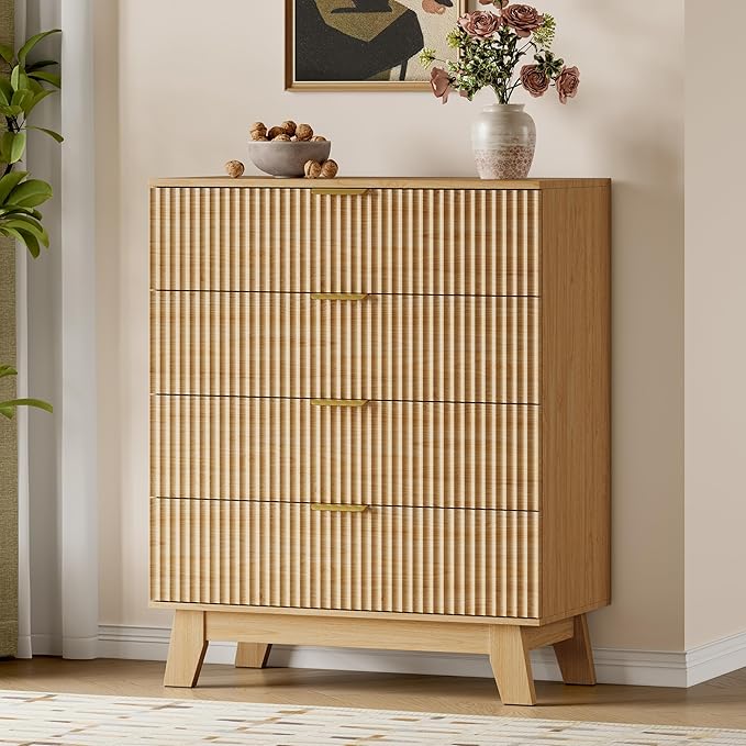BORNOON 39" Tall Dresser for Bedroom, 4-Drawer Fluted Chest of Drawers, Modern Wood Highboy with Deep Storage, Metal Slides & Handles, Anti-Tip Kit, Vertical Clothes Organizer for Apartment, Nursery