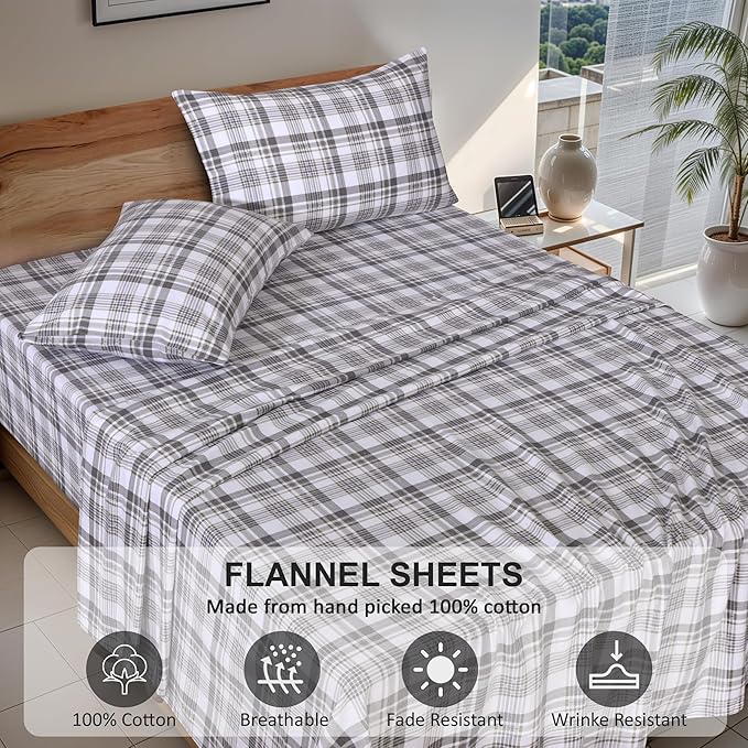 RUVANTI Flannel Sheets Queen Size - 100% Cotton Double Brushed Bed Sheets, Deep Pockets 16 Inches Queen Sheet Set, All Seasons Breathable & Extra Soft - Warm & Cozy, 4 Piece, Modest