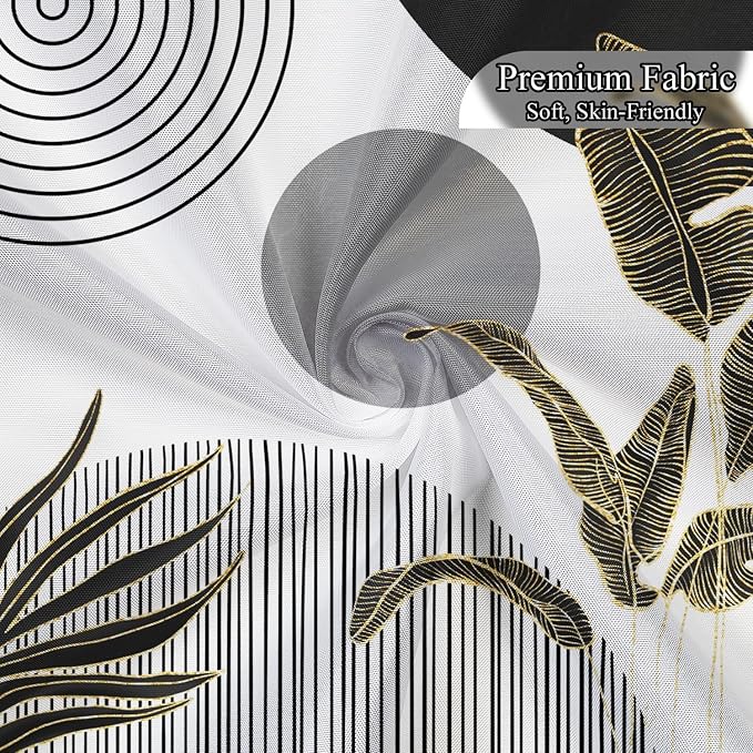 Mid Century Boho Shower Curtain, Abstract Modern Sun Minimalist Aesthetic Shower Curtain, Bohemian Geometric Arch Curve Leaves Neutral Art Fabric Bathroom Curtains Black 72x72 inch