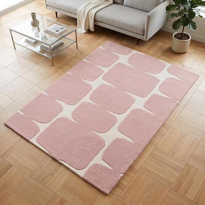 Restoration and Renovation Modern Wool Area Rug - Contemporary Abstract Geometric Design, Thick & Soft Hand-Tufted Carpet - Ideal for Indoor Decor in Living Room, Bedroom (Pink, 4' x 6')