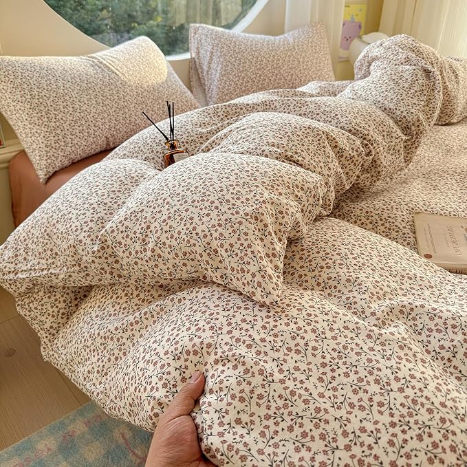 LifeTB Muslin Cotton Duvet Cover Set Queen Size Vintage Floral Duvet Cover Ultra Soft Breathable Comforter Cover Chic Flower Bedding Set Linen Feel Textured Gauze Comforter Cover with Zipper Closure