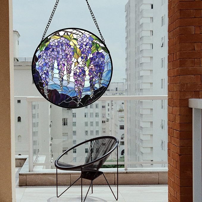 Stained Glass Window Hanging, Purple Wisteria Flowers Suncatcher for Doors Window Home Plant Sun Catchers Decoration Mother's Day Birthday Gifts for Women, Men, and Mom 15x15 in