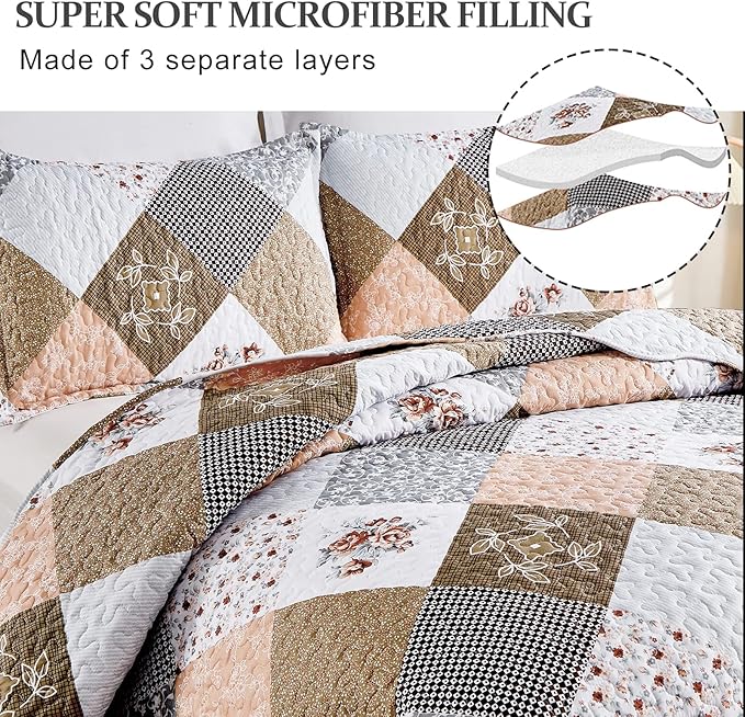 Dinjoy Floral Plaid Patchwork Quilt Set Twin Size, Reversible Brown Bedding Set Soft Microfiber Lightweight Bedspread Coverlet 3 Piece Fall Autumn Summer Use (68x86 inches)
