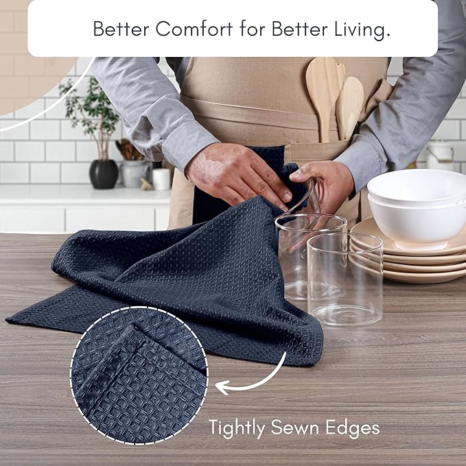 TWINY threads Kitchen Towels Set of 4, 16x26 Inches, 100% Soft Cotton Waffle Weave Dish Towels, Absorbent Tea Towels with Hanging Loop, Washable Reusable Cloths for Cleaning and Dining, Navy