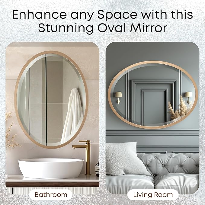 OVALCREST - Oval Wooden Beveled Wall Mirror for Home Decor, Bathroom, Vanity, Bedroom, Living Room, Hallway - London Style (Gold Spray) 25.1 x 21.1