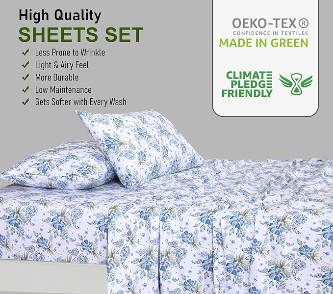 RUVANTI 100% Cotton Twin Sheets Set, 3 Pieces, Soft & Breathable Percale Weave Bedding, Deep Pocket 16", Hotel Standard, Crisp Cool Feel, Durable, Perfect Floral Bed Sheet, Paislyona